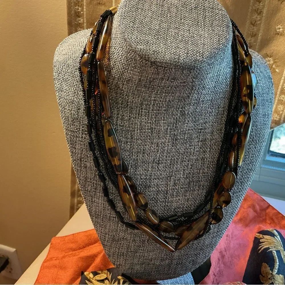 Elegant Faux Tortoiseshell and Black Beaded 6-Stranded Necklace